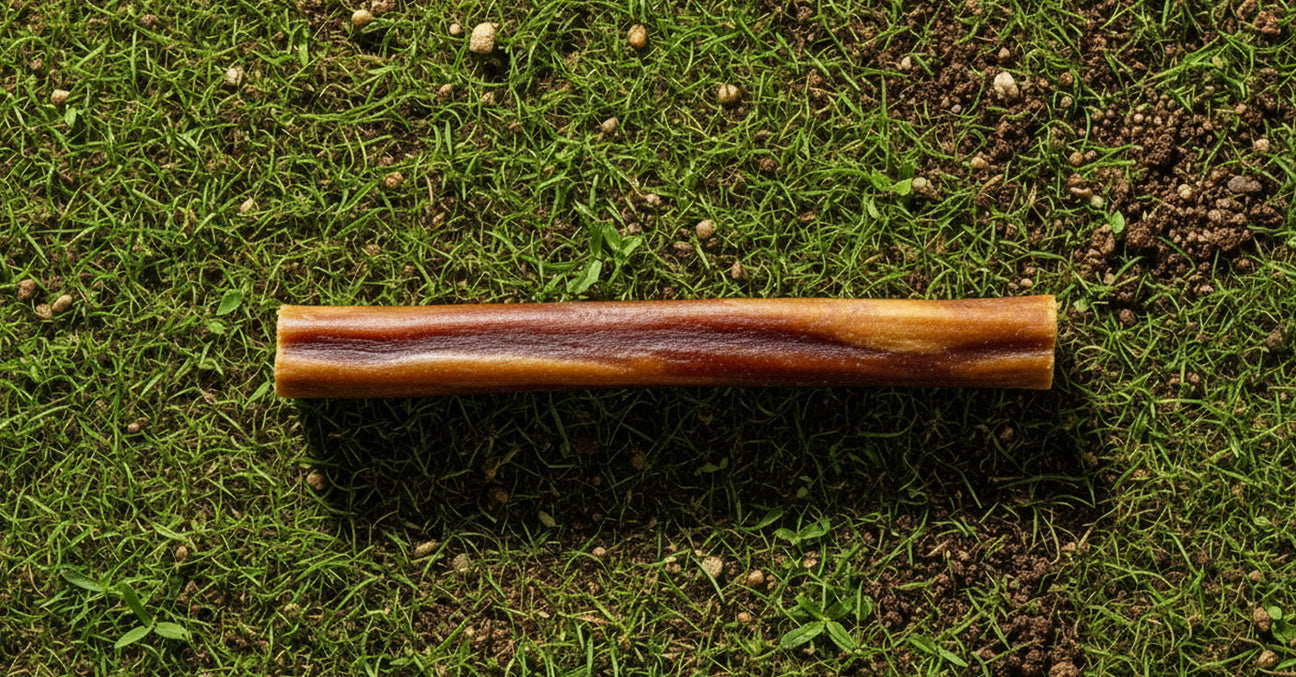 Image of a bully stick laying on the grass