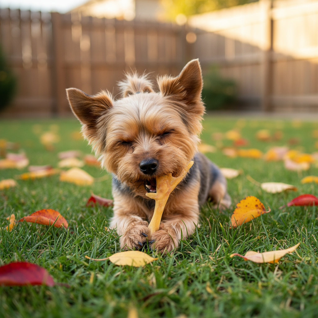Dog playing with a dehydrated chicken feet dog treat a grassy lawn with fallen leaves