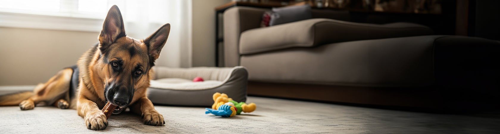 A realistic image of a happy German Shepherd lying on a cozy living room rug, contentedly chewing on a natural bully stick dog treat. The dog's coat is shiny and well-groomed, ears perked up, with soft natural light streaming through a nearby window. A plush dog bed and a few toys are visible in the background, adding warmth and a homey atmosphere